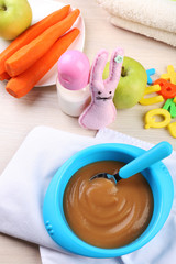 Fresh baby food in bowl with spoon