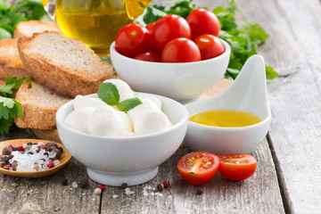 delicious mozzarella and ingredients for a salad on wooden table