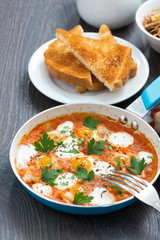 fried quail eggs in tomato sauce and toasts, vertical