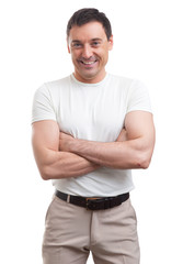 muscular man wearing a white T-shirt