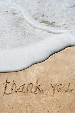 Conceptual thank you text in sand and water