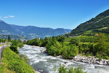 Fototapeta na wymiar Italian Alps-bike trail in Merano and river Adige