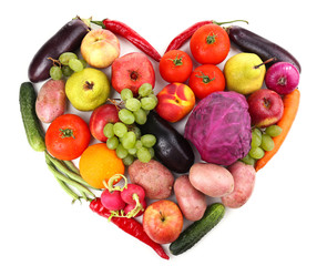 Fresh organic vegetables and fruits in shape of heart, isolated