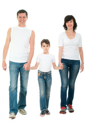 Fototapeta premium Smiling family walking isolated on white