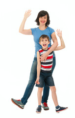 Obraz premium Smiling mother and son isolated on white