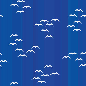 Blue flat striped seamless background with white seagull
