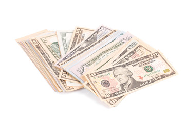 Close up of different dollar bills.