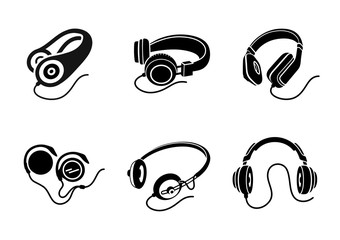Headphones icon set in black on white background