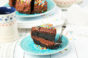 Relaxing drink with chocolate cake