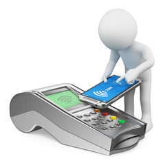 3D white people. Man paying with a mobile phone with NFC