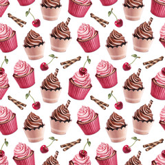 Cherry and chocolate cupcakes ilustration. Seamless pattern