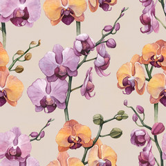Vintage seamless pattern with watercolor orchid flowers