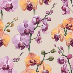 Wall murals Orchidee Vintage seamless pattern with watercolor orchid flowers