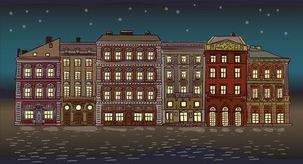 Antique European street. Night Summer city landscape.