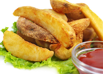 French fries with ketchup and lettuce