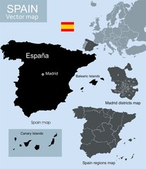 Naklejka premium Spain vector map, regions map and Madrid districts map