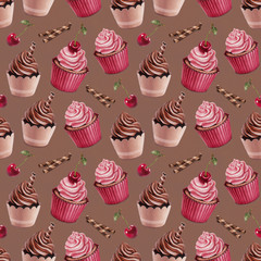 Cherry and chocolate cupcakes ilustration. Seamless pattern