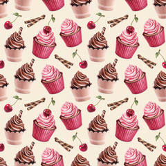 Cherry and chocolate cupcakes ilustration. Seamless pattern