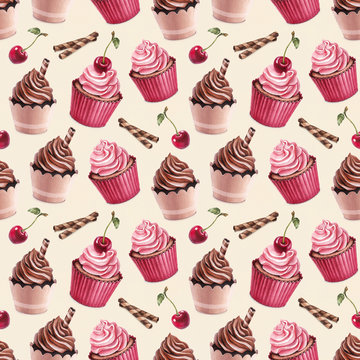 Cherry and chocolate cupcakes ilustration. Seamless pattern