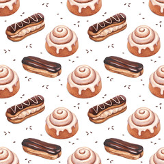 Chocolate eclair and cinnamon bun illustrations. Seamless patter