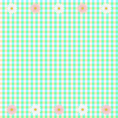 Green plaid background with white and pink daisy flowers
