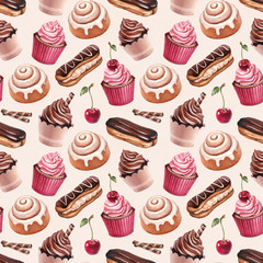 Chocolate eclair, cinnamon bun and cupcakes illustrations. Seaml