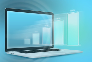 Fototapeta premium Laptop and bar chart flying from screen on abstract background.