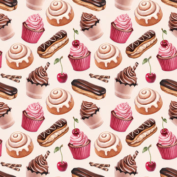 Chocolate eclair, cinnamon bun and cupcakes illustrations. Seaml
