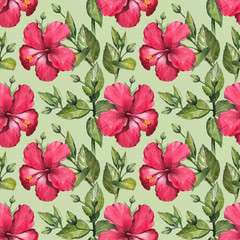 Watercolor hibiscus flower illustration. Seamless pattern