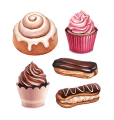 Chocolate eclair, cinnamon bun and cupcakes illustrations