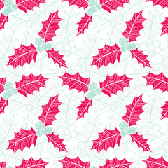 Holly seamless pattern. Christmas vector background
