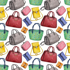 Watercolor handbag illustrations. Seamless pattern