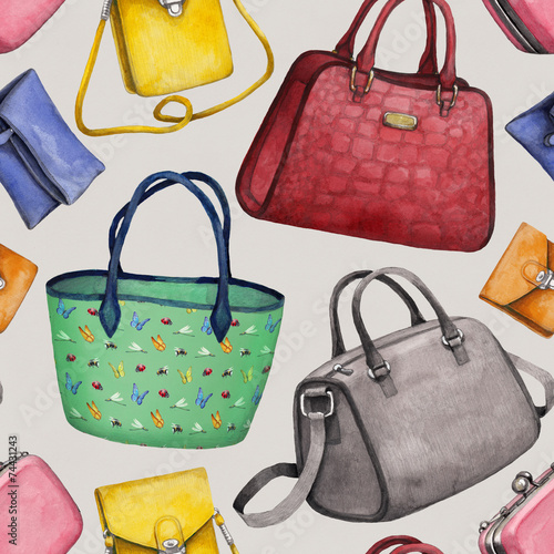 Watercolor Handbag Illustrations Seamless Pattern Stock