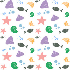 pattern with shells, fish and waves