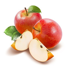 Red apples and quarters top view isolated on white