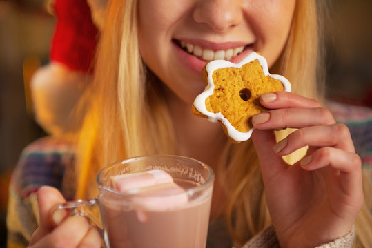 Closeup On Teenager Girl Drinking Cup Of Hot Chocolate 