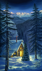 Winter forest landscape with hut
