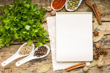 Menu background. Recipe notepad with diversity of spices