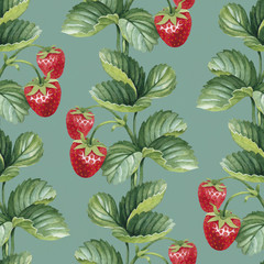 Seamless pattern with watercolor strawberry bush