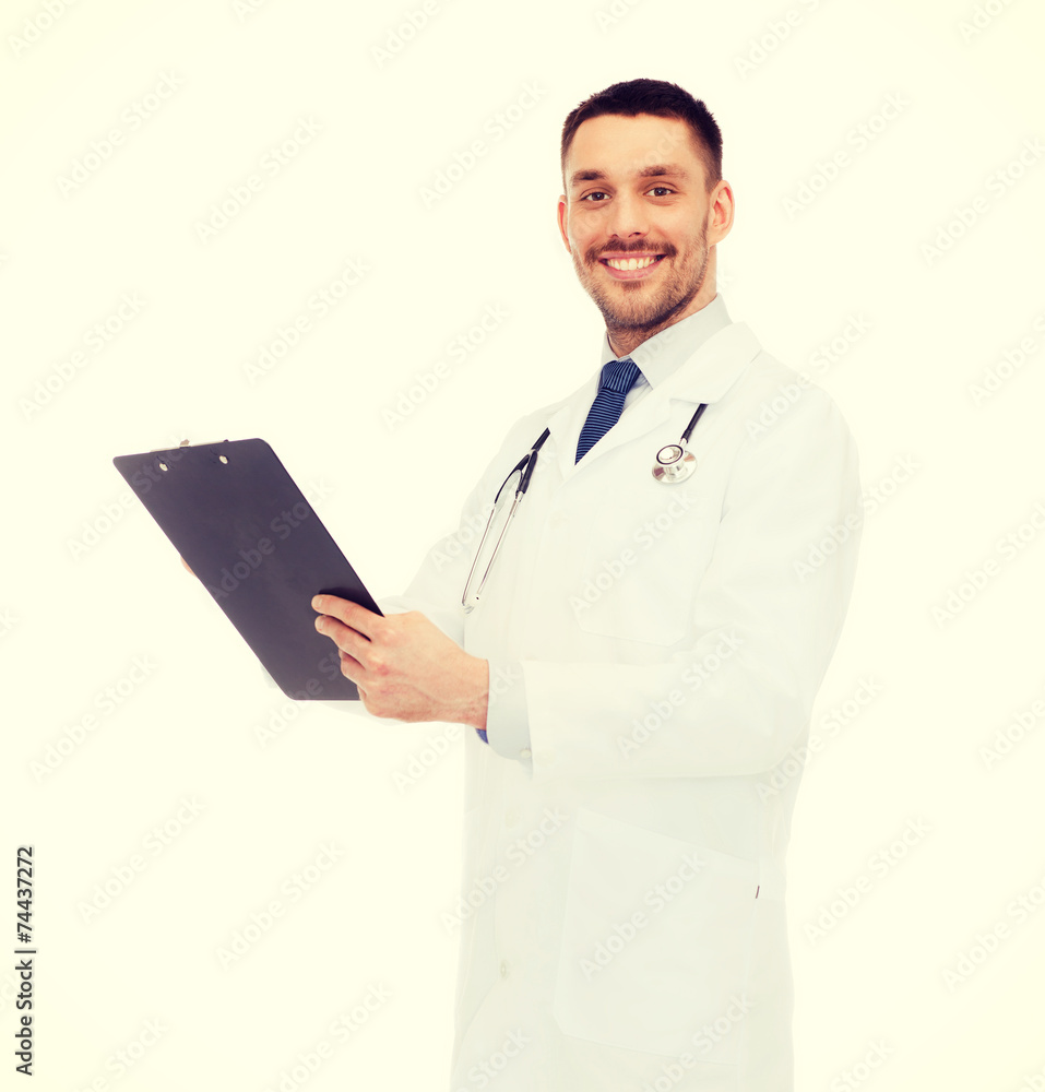 Wall mural smiling male doctor with clipboard and stethoscope