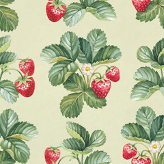 Seamless pattern with watercolor strawberry bush - 74437291