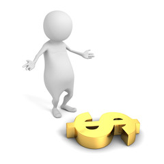 white 3d person with golden dollar currency symbol