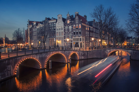 Amsterdam, Netherlands canals. Night view of Keizersgracht
