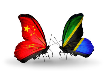 Two butterflies with flags China and Tanzania