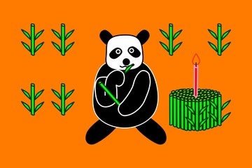 Panda with birthday cake of bamboo shoots with one red candle