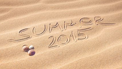 Fototapeta na wymiar Summer 2015 handwriting with shells on a wavy pattern of sand