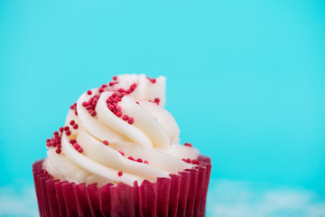 close view on cup cake over bright blue background