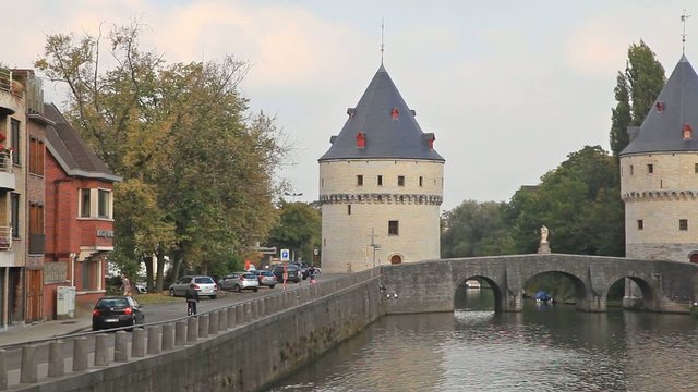 Medieval Broel Towers and old bridge in Kortrijk city