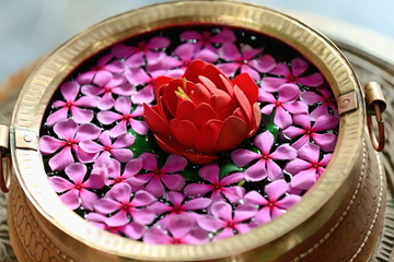 Brass vessel-red lotus-pink jasmine. Pokhara-Nepal. 0764