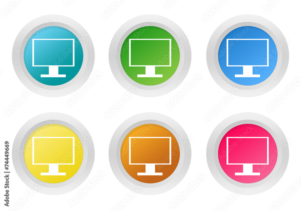 Poster set of colorful buttons with tv screen, computer monitor symbol